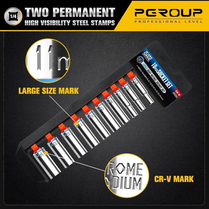 pgroup 10PCS 1/4” Drive Deep Socket Set, Metric (5mm-14mm), 6-Point, Cr-V Steel, Chrome Plated Socket With Hanging Bracket, Cover Most Commonly Sizes - Image 3